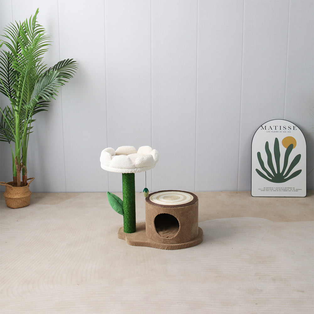 Log Cat House & Camellia Scratching Tree – Cozy Cat Hideaway
